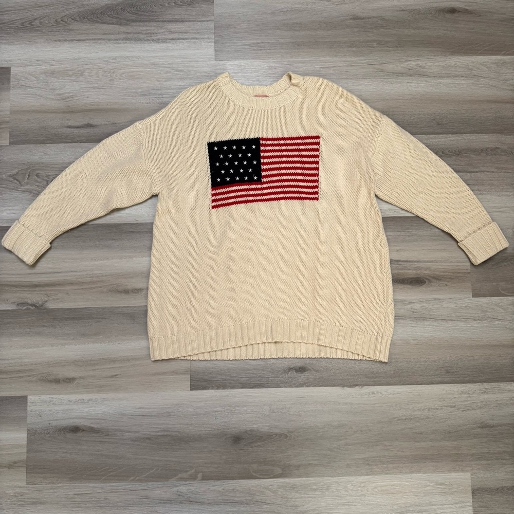 Show Me Your MuMu Cream Knit Sweater with American Flag Design, Women’s XXL